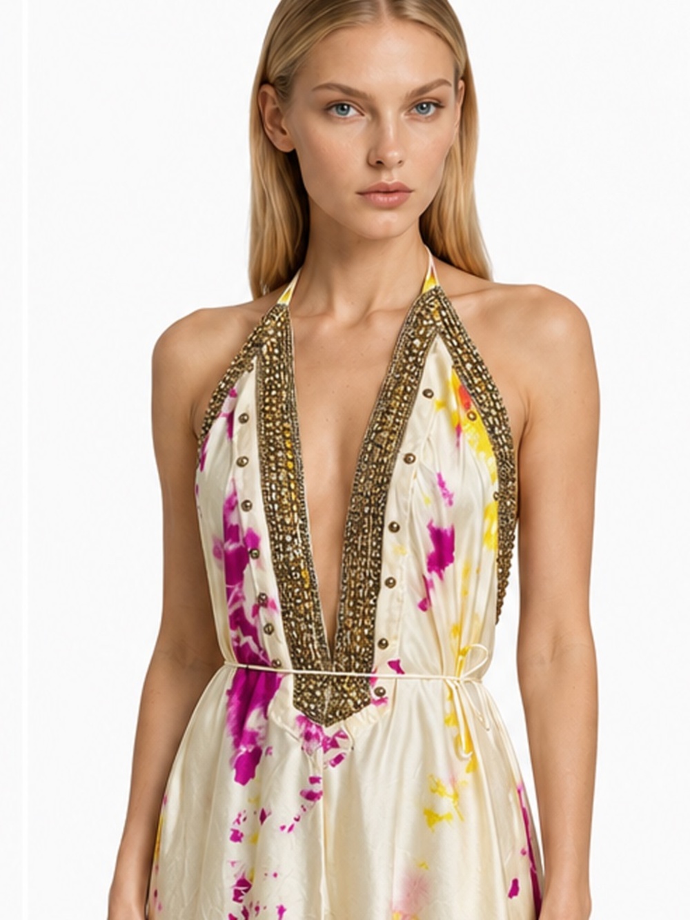 Designer Beaded Halter High Low Dress Ivory Pink Gold Cocktail Resort